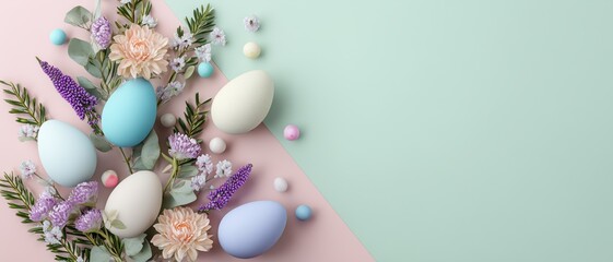 Obraz premium Pastel Easter Flat Lay with Spring Flowers