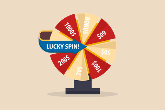 Lucky spin prize wheel illustration. Gambling fortune wheel with bonus and cash reward segments