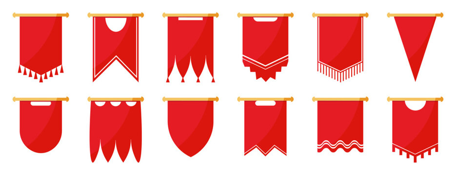 Red medieval hanging banners collection. Decorative fabric flags with tassels fringe and various bottom shapes