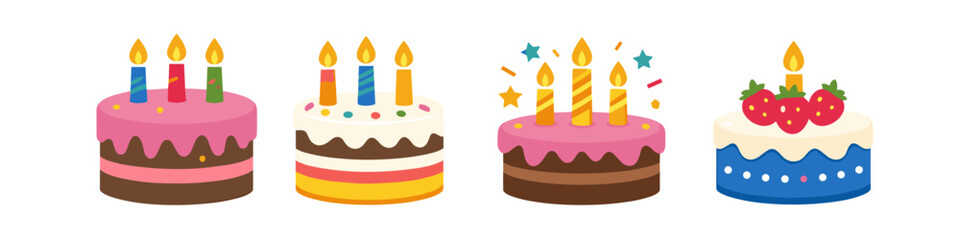Collection of four colorful cartoon birthday cakes with lit candles and decorations