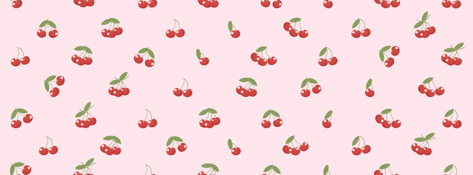 Seamless cherry pattern on pink background. Cute red cherry illustrations scattered evenly