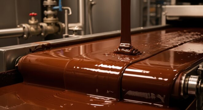 Molten chocolate pouring over industrial machinery in a factory food production line.