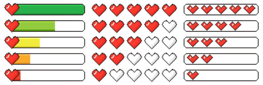 Pixel style heart life bars and indicators. Game interface elements showing health and progress levels