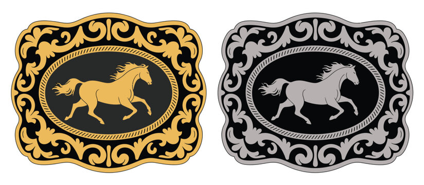 Horse label belt buckle wild western rodeo ranch cowboy style tag design, featuring gold and silver vector silhouettes with classic rodeo symbols and Western festival artwork.