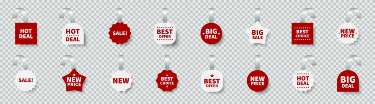 Hanging retail sale tags collection. Price labels with hot deal new price and best offer text