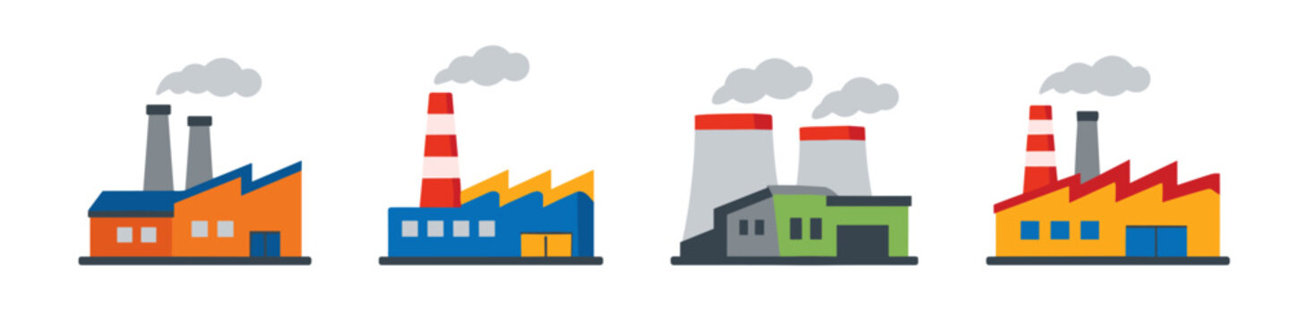 Collection of colorful factory buildings with smoke stacks emitting clouds of smoke
