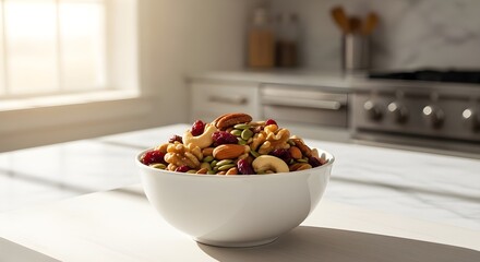 Healthy nut mix with almonds and dried cranberries on a modern white kitchen background.