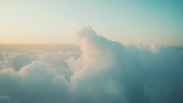 Cloudscape at high altitude bathed in warm sunset hues, fluffy cumulus drifting beneath a vast pastel sky, evoking tranquil, dreamy, ethereal freedom and escape