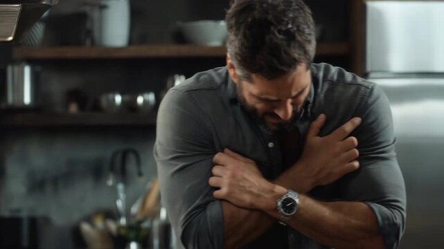 Distressed man clutching chest in home kitchen bending forward in pain during sudden health scare
