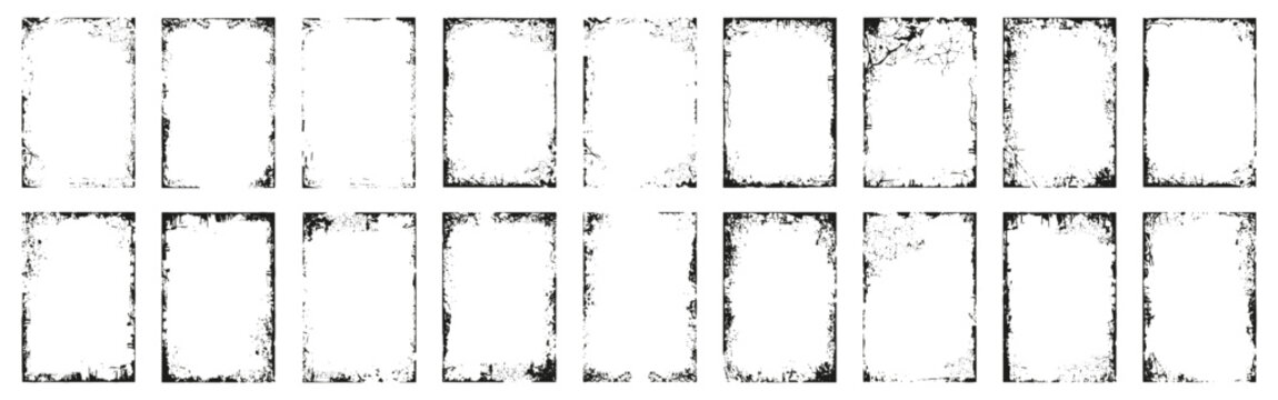 Grunge rectangular frames set in black. Distressed borders with rough edges and worn texture style