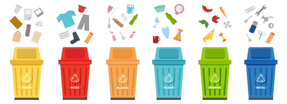 Recycling bins illustration set in color. Sorted trash containers with waste category icons