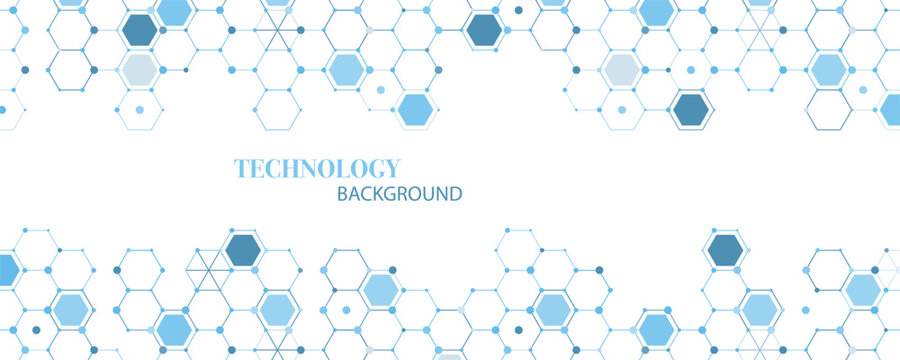 Abstract technology hexagon background illustration. Connected geometric shapes and nodes in blue tones