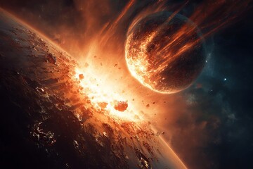 Dramatic meteor crash and intense solar flare near a distant planet in outer space