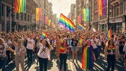 Fototapeta premium Celebration of Diversity with Rainbow Flags in Urban Setting