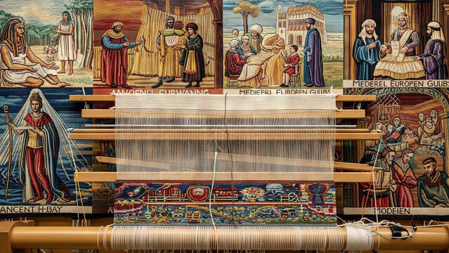 Vintage Textile Loom with Medieval European Tapestry Designs