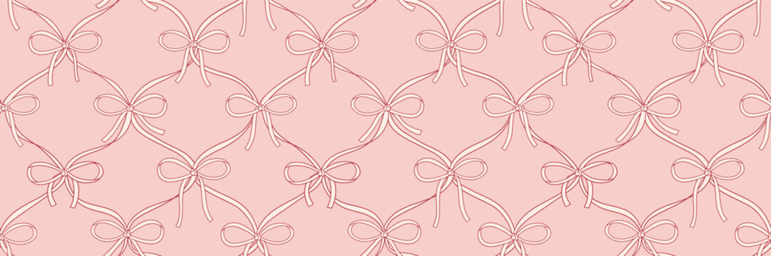 Coquette Cute seamless pattern with bow set. Hand-drawn vintage ribbons. For party, Wedding, invitation, social media template, and greetings in retro style. Vector minimalist elements, line art.