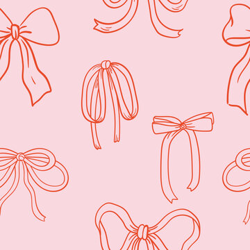 Coquette Cute seamless pattern with bow set. Hand-drawn vintage ribbons. For party, Wedding, invitation, social media template, and greetings in retro style. Vector minimalist elements, line art.