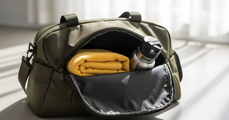 Fototapeta premium Olive Green Gym Bag Open With Yellow Towel and Steel Water Bottle Inside
