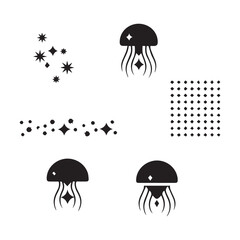  Mystical Celestial Space and Jellyfish Galaxy Silhouette Vector Icon and Illustration Set.