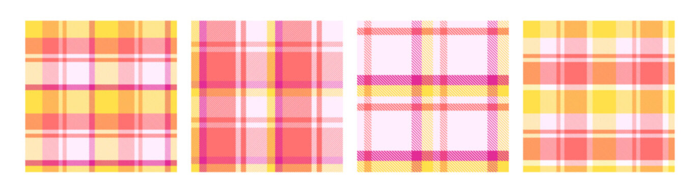 Picnic Tablecloth Plaid, Tartan Seamless Pattern Vector Set. Traditional Square Check Textile Design in Pastel Pink and Yellow . Grid blankets, checkered kitchen print, napkin textile.