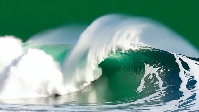 Massive turquoise ocean wave cresting with white spray against a vibrant green backdrop