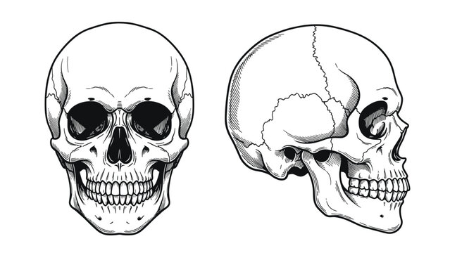 Detailed black and white line art illustration of a human skull showing front and profile side views on white.