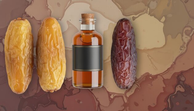 some dates and a bottle of date syrup. Date syrup, also known as date honey or silan, is a natural sweetener made by boiling dates and extracting their juice