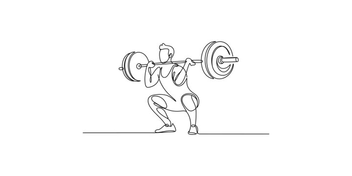 Minimalist one continuous line drawing of a powerlifter performing a heavy back squat