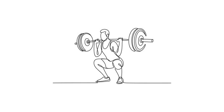 A continuous single line drawing of a muscular man doing a barbell squat exercise during workout