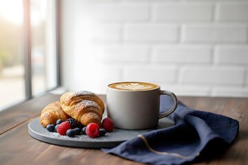 Fresh croissant with berries and hot latte coffee cup on wooden table, french breakfast concept