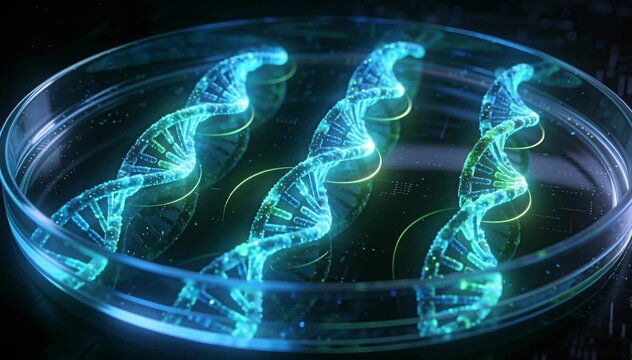 Abstract dna helix molecules in petri dish, genetic research, science discovery, bioengineering concept.