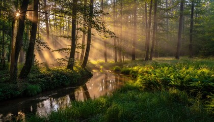 Obraz premium Serene morning light breaking through trees over a tranquil stream in a lush forest nature photography peaceful environment captured from ground level nature's beauty