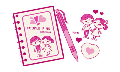 Adorable Pink Couple Notebook, Pen & Chibi Lovers Poses Illustration