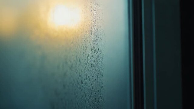 Textured glass surface showing numerous small water droplets and vapor from high humidity, creating a shimmering effect as warm sunlight reflects through the mist