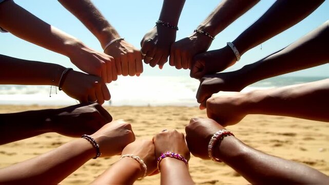 Group of diverse hands make a circle, fists touching, in front of a beach and sky