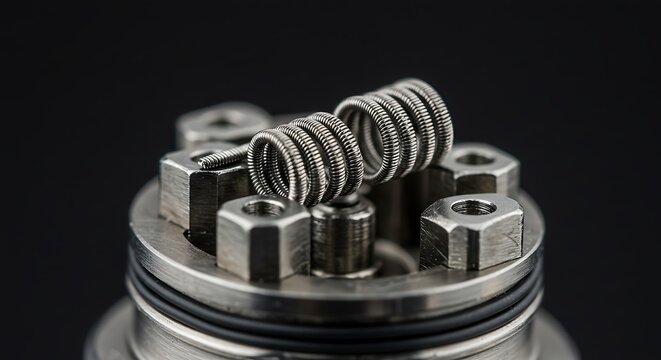 Precision-Wound Dual Vape Coils on Rebuildable Atomizer Deck, Vaping Technology Macro.