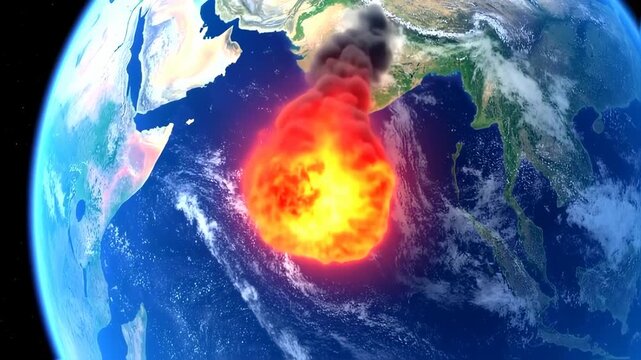 Earth with an exploding, fiery eruption and smoke over land, seen from space