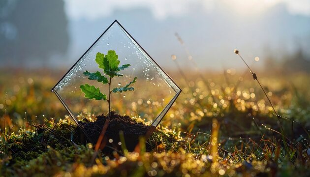 A young oak sapling protected within a glass cube, symbolizing growth and environmental care in a misty morning field.