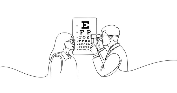 Optometrist conducting eye test for female patient with eye chart. No editable stroke