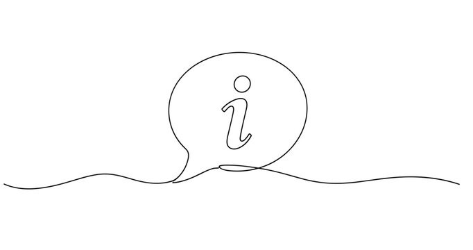 Minimalist continuous line drawing of information icon in speech bubble. No editable stroke