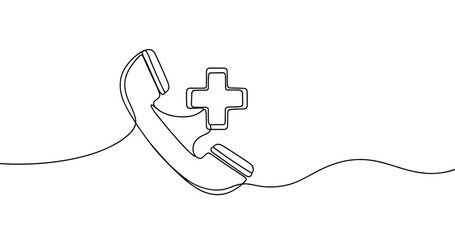 Obraz premium Continuous line art of telephone with medical cross symbol. No editable stroke