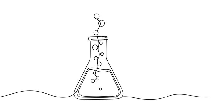 Line drawing of beaker with bubbles illustrating science experiment concept. No editable stroke