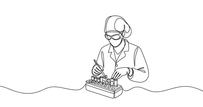 Line art of female scientist handling test tubes in a laboratory setting. No editable stroke