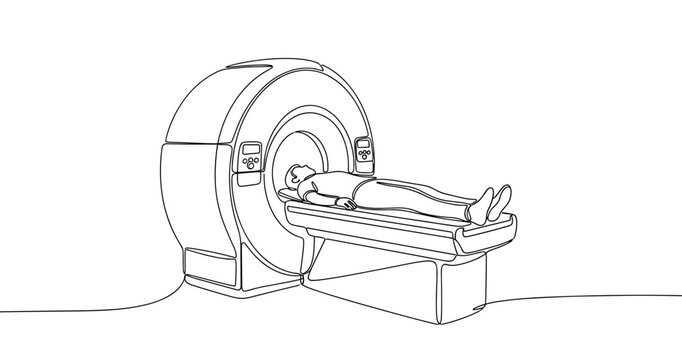 Line art of female undergoing mri scan in medical setting. No editable stroke