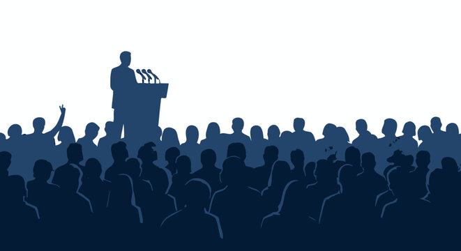 Speaker Addressing Audience Silhouette from Podium with Microphones in Dark Blue Tones