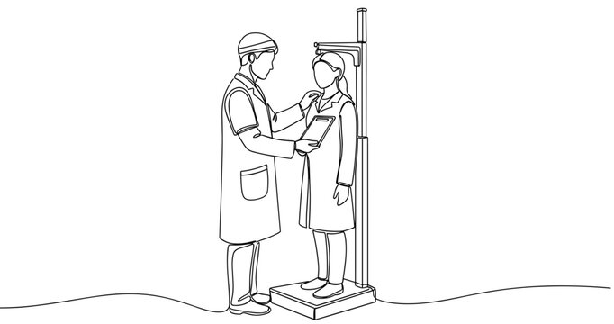 Healthcare professional measuring female patient height in medical setting. No editable stroke