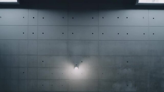 Concrete wall surface presenting a textured pattern and industrial style, featuring a minimalist light fixture illuminating the raw material and creating a subdued atmosphere