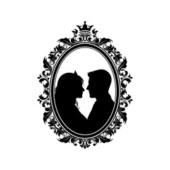 Silhouette of Couple Kissing in Ornate Frame.