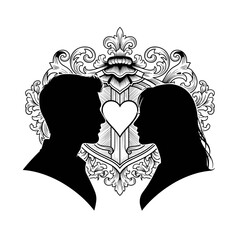 Silhouetted Couple Facing Heart Shaped Book.
