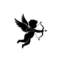 Silhouette of Flying Cupid with Bow and Arrow.